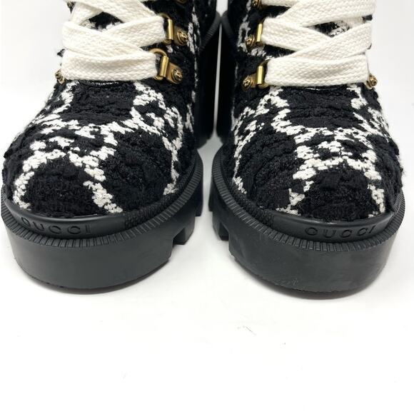 Gucci GG Monogram Web Tweed Combat Lace Up Ankle Boots Black White EU 36.5 - Picture 8 of 13
